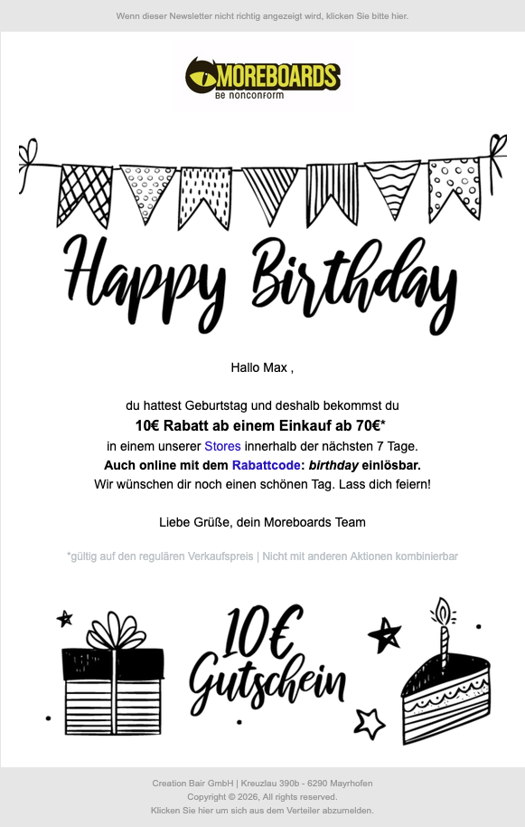 Newsletter-Beispiel Gutschein automatisierte Geburtstagsmail
